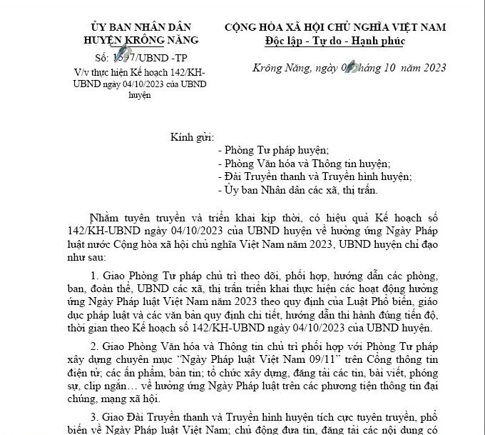 Tuyên truyền và triển khai kịp thời, có hiệu quả Kế hoạch số 142/KH-UBND ngày 04/10/2023 của UBND huyện về hưởng ứng Ngày Pháp luật nước Cộng hòa xã hội chủ nghĩa Việt Nam năm 2023